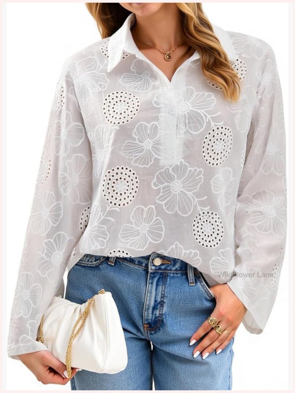 Crochet Eyelet Blouse Button Down Long Sleeve Top Floral Embroidered Hollow Out